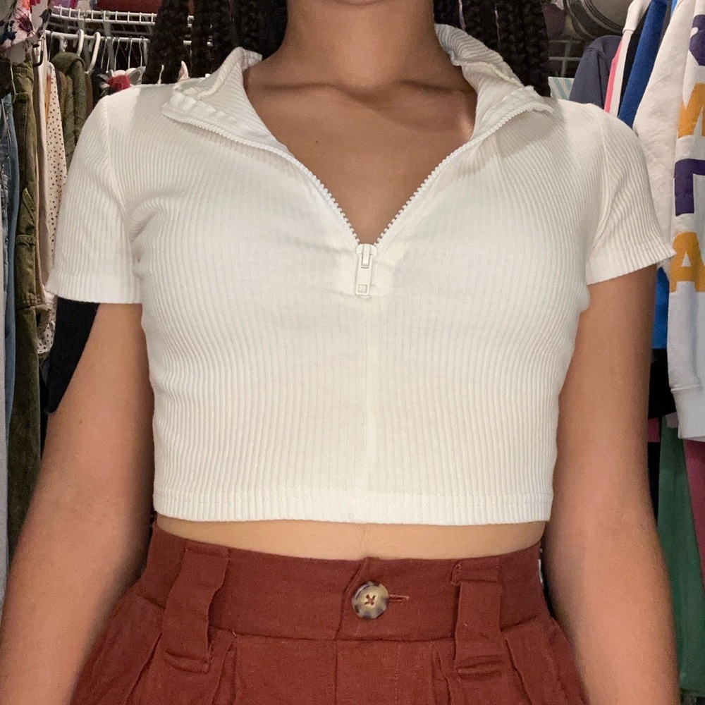 White Ribbed Half Zip Crop Top